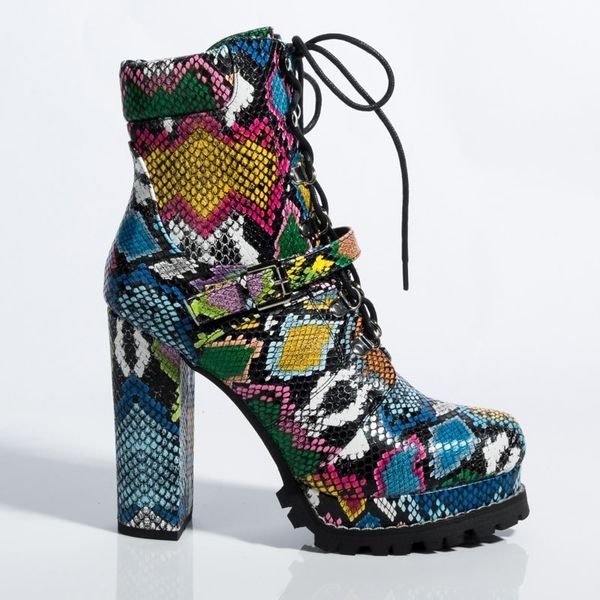 

platform chunky heeled bootie green snake skin print ankle boots winter women round toe high heel ladies shoes y200115, Black