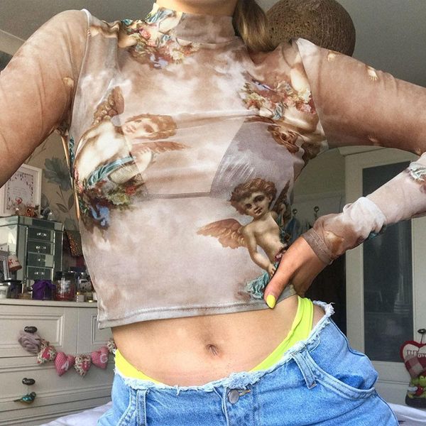 

2019 new arrival women girls mesh sheer crop long sleeve print bodycon cupid transparent t-shirt tee, White