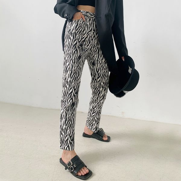 

women high waist rise zebra print relaxed fit straight leg jeans organic cotton straight leg jeans leopard print trousers wsxh y1214, Blue