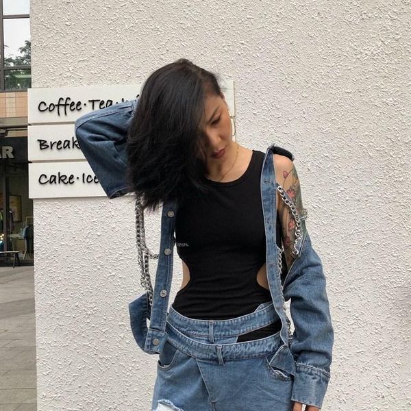 

2019 summer women chains patchwork denim jacket lapel long sleeve hollow out backless coat1, Black;brown