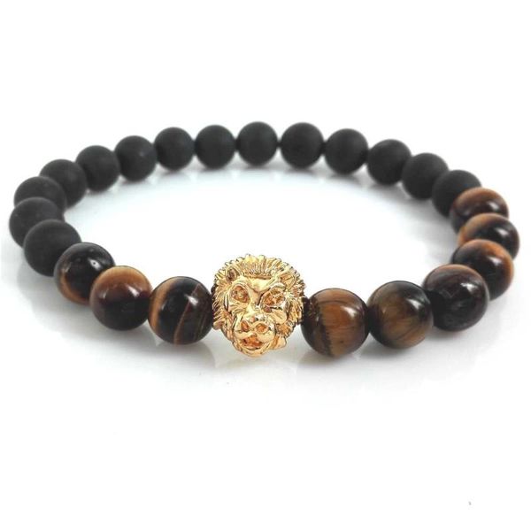 

charm bracelets kejialai 2021 mens 8mm matte tiger eyes stone beads with gold and silver color lion gift m-l424, Golden;silver