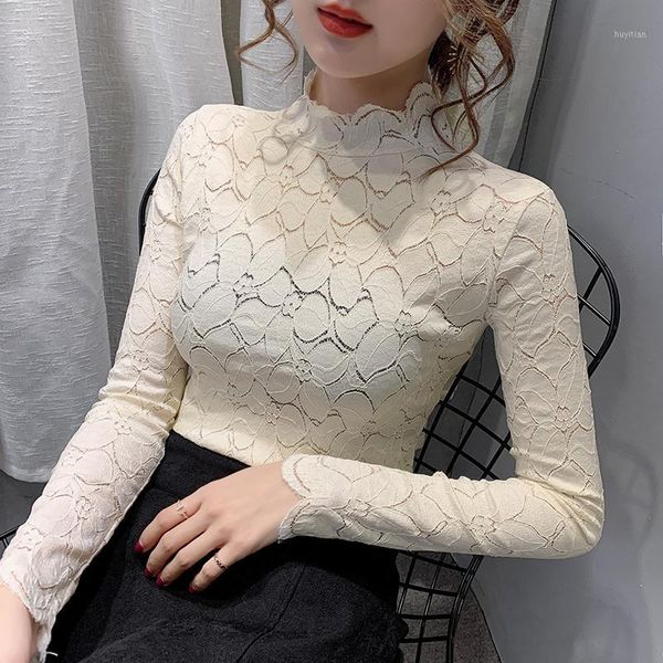 

solid elegant slim korean style women turtleneck casual solid long sleeve lace blouse spring clothingwomen's new style1, White