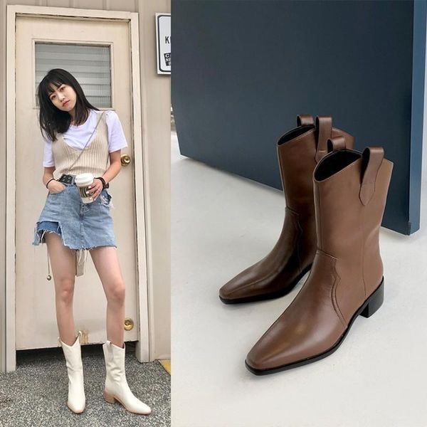 

new designer western black ankle boots genuine leather square toe cowboy boots chunky heel runway ladies womens shoes