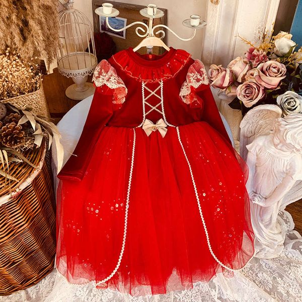 

2020 sle autumn new and winter princs korean long sve veet red lace girl's drs children's wear, Red;yellow