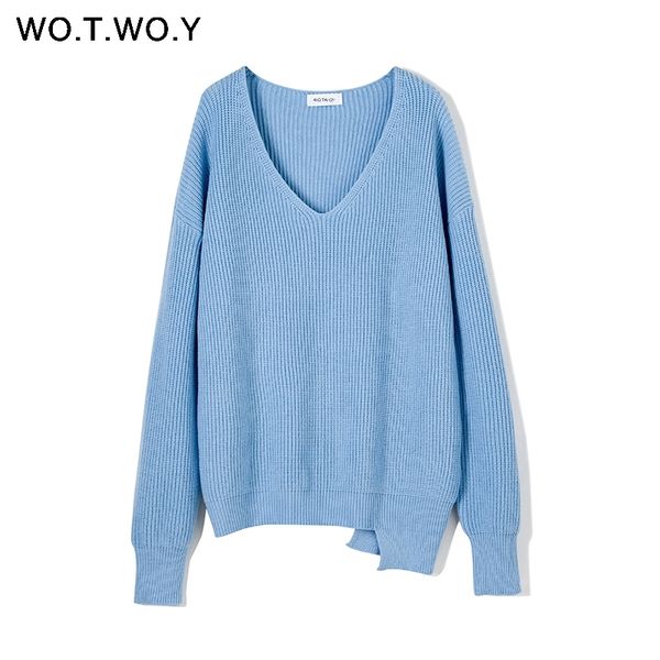 

wotwoy autumn winter basic knitted blue white sweater women fashion casual v-neck female pullovers korean lady jumpers y200116, White;black