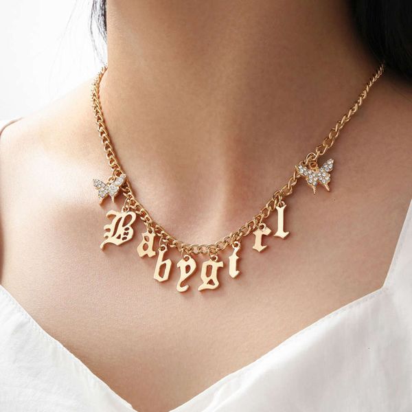 

sweet chain simple women's butterfly clavicle necklace english letter babygirl tassel necklace 1pc, Silver