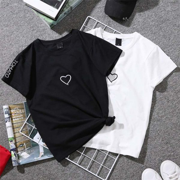 

2020 summer couples lovers t-shirt for women casual white tshirt women t shirt love heart embroidery print t-shirt female