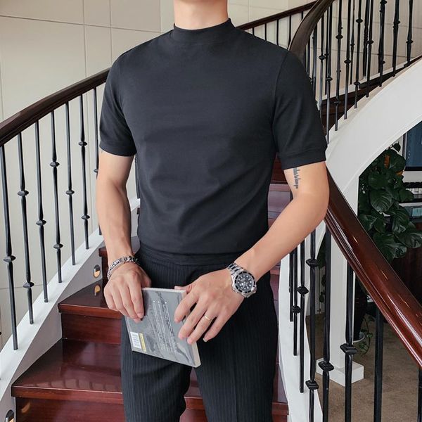 

12 men t-shirts fashion 2021 autumn winter new short sleeve t shirts men slim fit all match soft velvet turtleneck 3xl, White;black