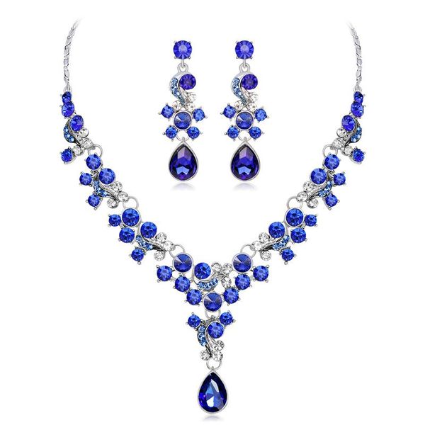 

3 colors flowers crystal pendant necklace earrings set bridal gown with wedding bridal necklace earrings jewelry sets for women, Silver