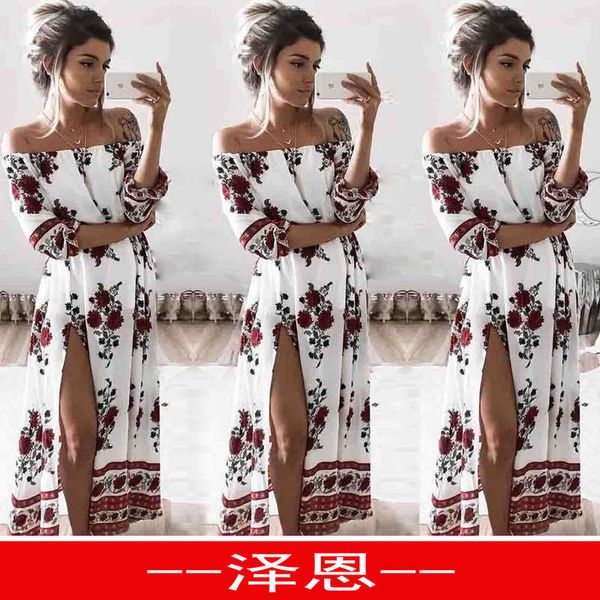 

women's medium sleeve loose digital print one shoulder one-piece dress, Black;gray