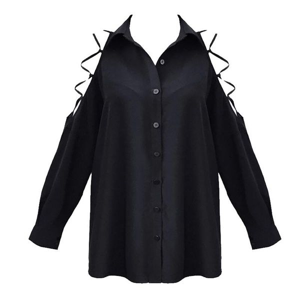 

2020 gothic punk women off shoulder lace up crop black blouse female black loose v collar cool girl punk rock, White