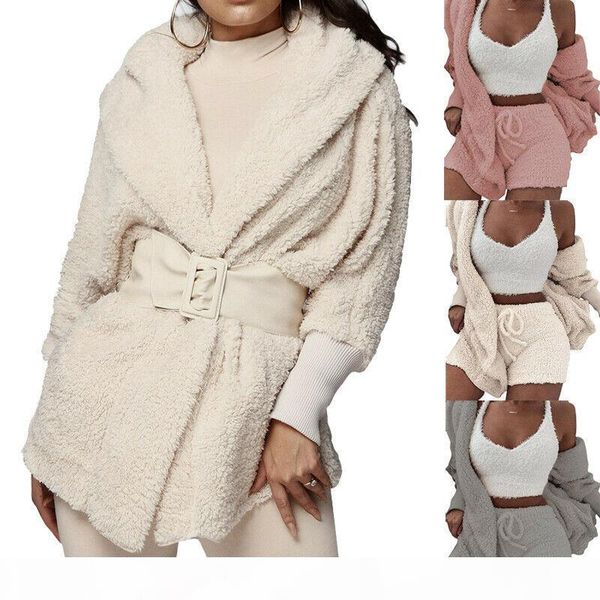 

women winter warm fluffy pajamas sets cardigan sweater long sleeve plush hooded coat + shorts set sleepwear homewear 2pcs, White
