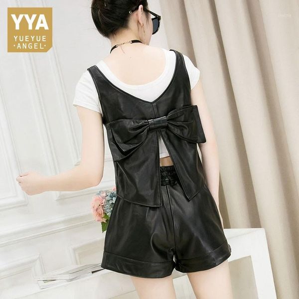 

women pullover sheepskin genuine leather jacket back bow split kawaii sleeveless vest short waistcoat lady casual streetwear1, Black