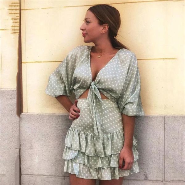 

deat 2021 spring vintage green polka dot long sleeve v neck dew navel blouse shirt short skirt women two piece set me971, White