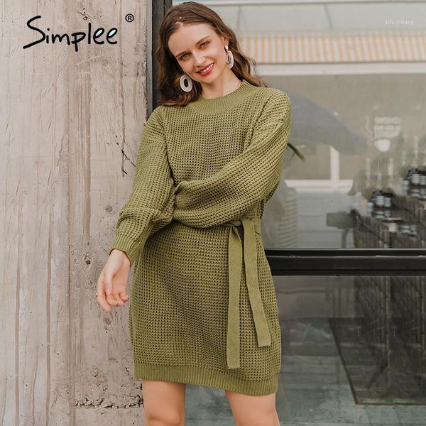 

simplee casual women sweater dress loose style green belted female knit dress autumn winter warm o neck ladies knitted dresses1, Black;gray
