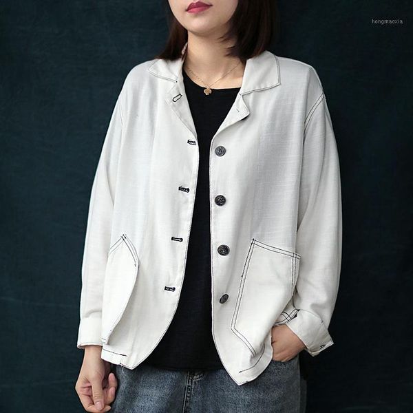 

2020 autumn loose blazer large size slim single breasted cotton linen long sleeve short coat female with pocket 2colors1, White;black