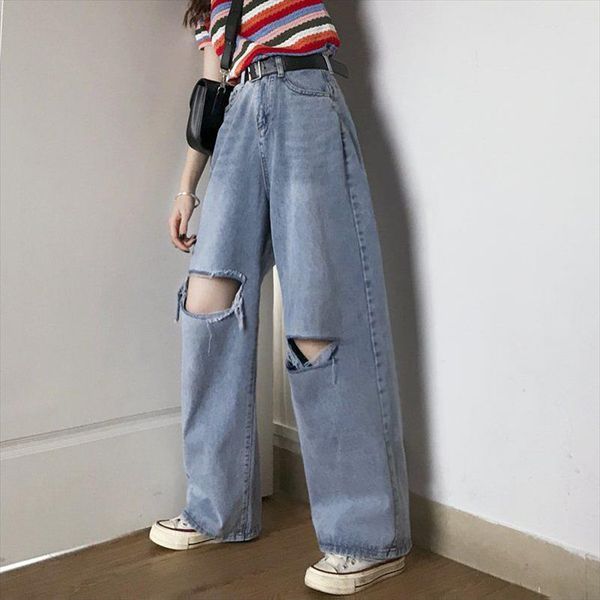 

spring summer high street style women high waist wide leg jeans knee hole vintage loose denim pants straight lady pants d307, Blue