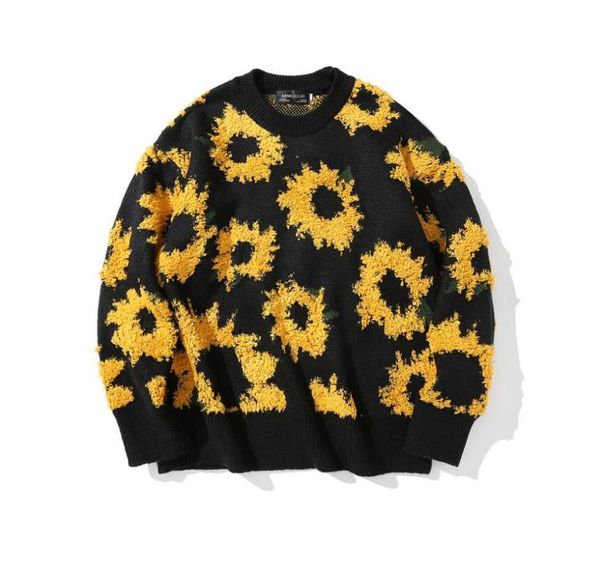 

fresh vintage sunflower long sleeve loose round neck sweater, White;black