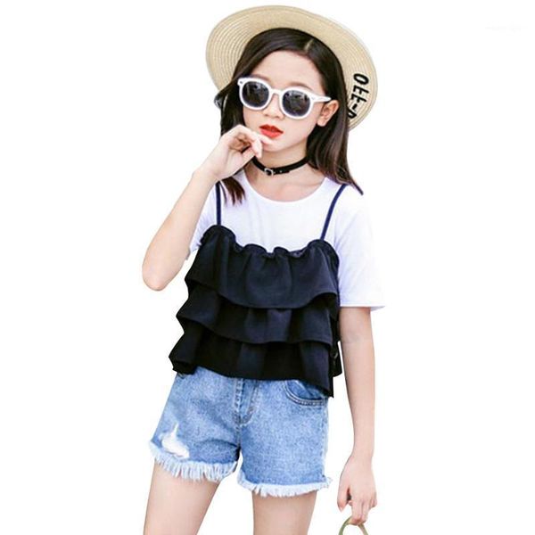 

clothing sets kids girls clothes set solid t shirt + lace vest girl summer teenage children's suits 6 8 10 12 13 14 year1, White