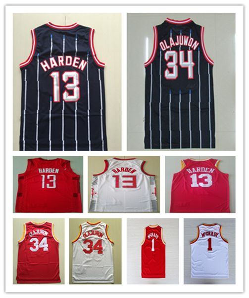 

mens basketball russell 0 westbrook james 13 harden jerseys retro tracy 1 mcgrady hakeem 34 olajuwon jersey shorts, Black;red