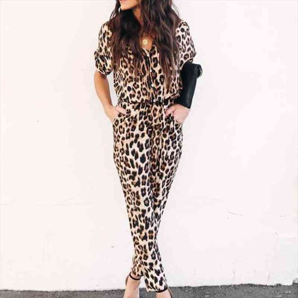 

fashion overalls for women office jumpsuit pocket v neck rompers fashion leopard print jumpsuit, Black;white