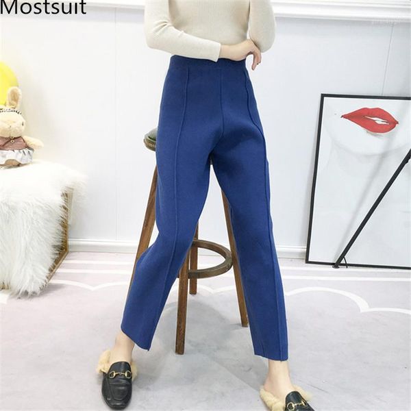 

winter korean knitted elastic waist women harem pants straight trousers femme sweater pants female pantalones mujer 20191, Black;white