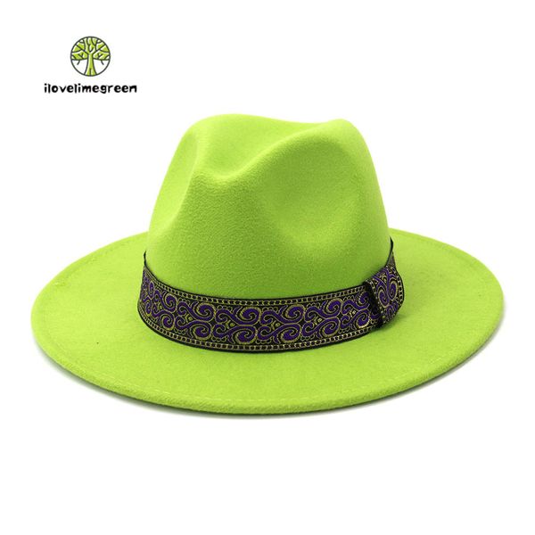 

fall winter british style men women new jazz panama woolen fedora hat wide brim blue belt church party hat c0123, Blue;gray