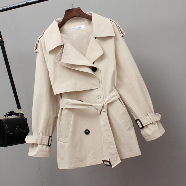 

2020 female short spring jacket casual loose jackets safari fashion clothes trench coat necklace ug63, Tan;black