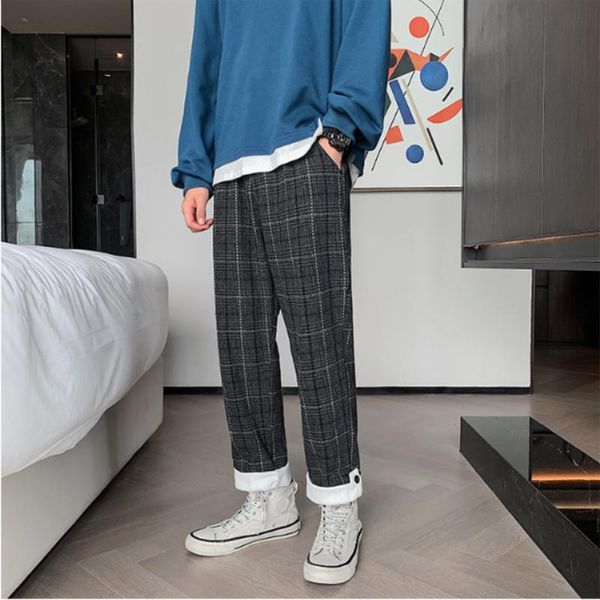 

men's pants 2021 winter plaid thickened woolen loose street casual young trend plush curled straight size s-3xl, Black