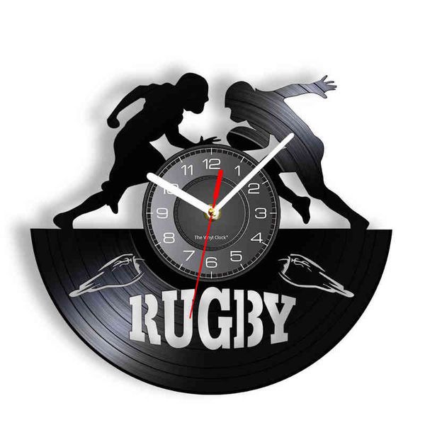 Jogador de rugby vintage vinil lp relógio de parede para meninos homem caverna inglesa rugby decorativo parede relógio esportes casa decoração relógio h1230