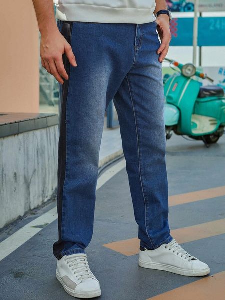 

men side seam straight leg washed jeans k89f#, Blue