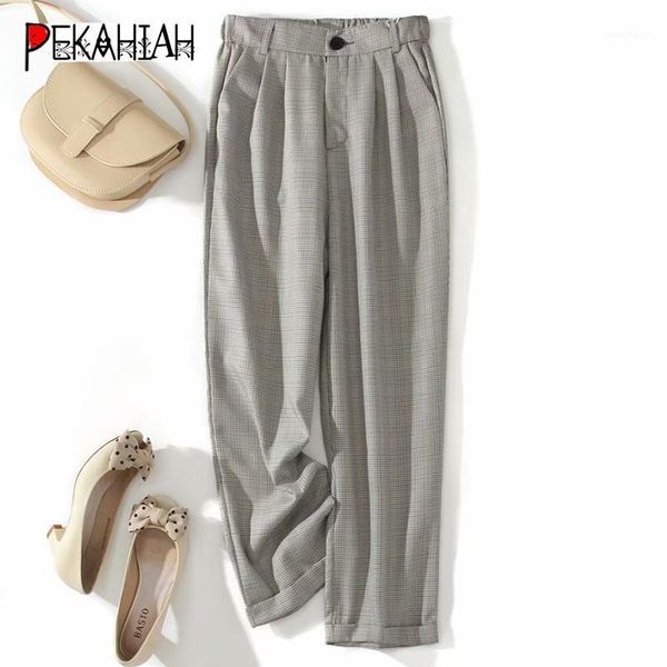 

vintage plaid high waist women leg wide pants casual loose button suit pants 2020 fashion slim elegant chic1, Black;white
