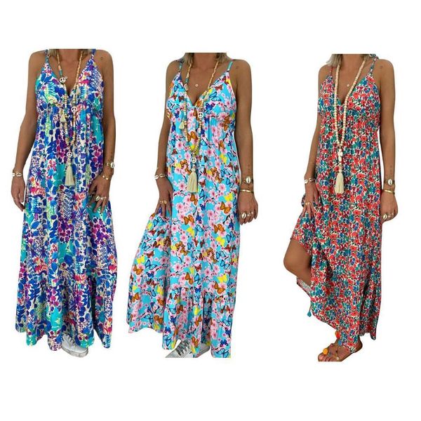 

plus size womens boho floral maxi dress party strappy summer beach holiday spaghetti strap sundress s-5xl, Black