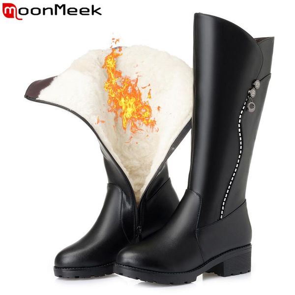 

boots moonmeek 2021 fashion knee high women round toe pu+cow leather square heel winter keep warm wool snow, Black