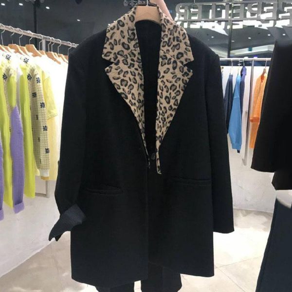 

ewq] autumn winter female turn-down collar long-sleeved blazer coat single breasted loose leopard minimalist suit 8q230, White;black