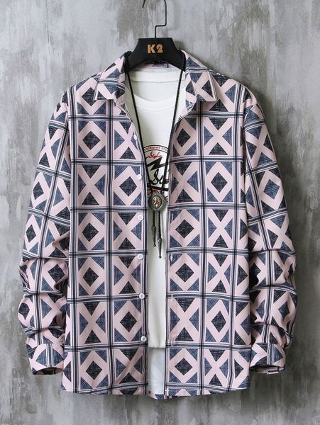 

romwe guys geo pattern button front shirt without tee d4nd#, White;black