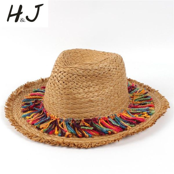 

100% Raffia Straw Women Summer Travel Beach Sun Hat For Elegant Lady Seaside Tassel Floppy Wide Brim Panama Sunbonnet1, Blue;gray