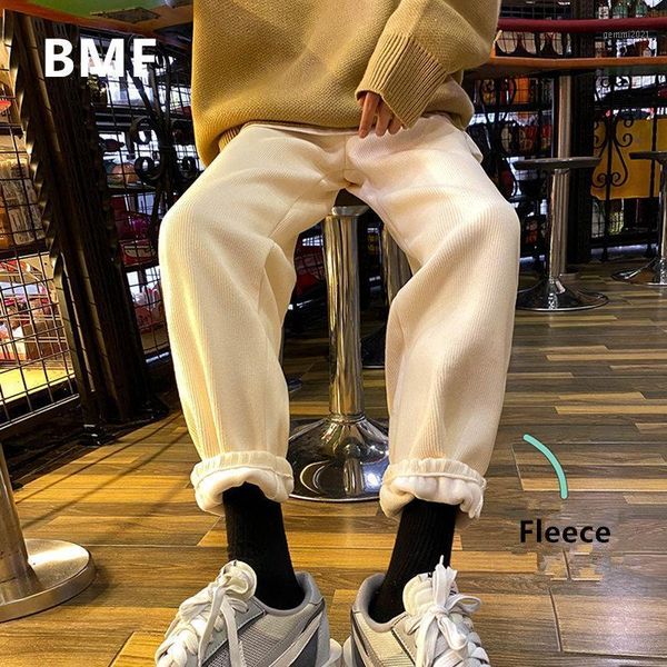 

korean fashion woolen fleece casual pants winter kpop couple wear streetwear hip hop joggers men clothing harajuku trousers male1, Black