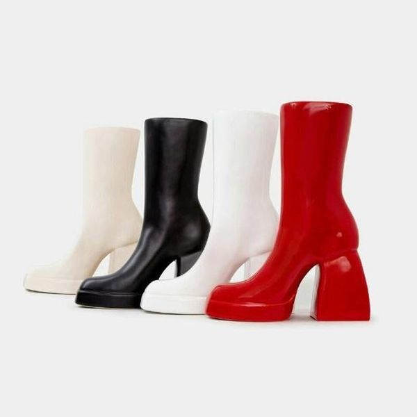 

2021 autumn winter thick heel square toe patent leather short boots fashion platform boots plus size women's shoes, Black
