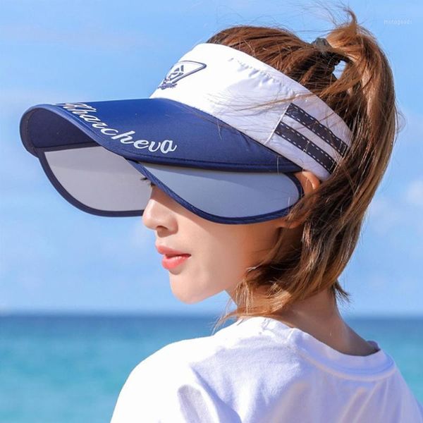 

2020 new fashion summer women's spacious sun hats novel visor retractable empty cap adjustable size beach hat cap1, Blue;gray