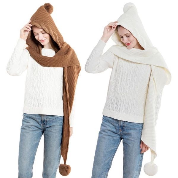 Donne Inverno 2 in 1 Cappello con cappuccio Cappello con cappuccio Carino Pompom Maglia Scialle involucro con tappo auricolari