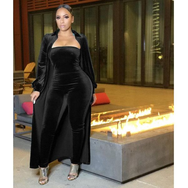 

zkyzwx silver velvet tube women's jumpsuit & long sleeve coat matching sets night club party rave festival clothing, Gray