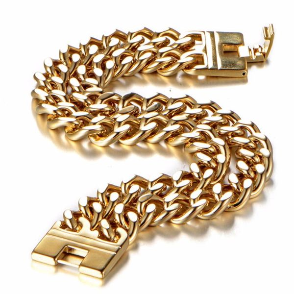 

new charming gold color link chain bracelets stainless steel double curb cuban mens women bracelet 9" length, Black