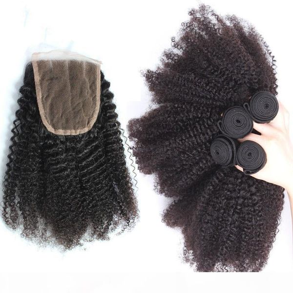 

brazilian 4*4 closure with hair bundles natural color human hair afro kinky curly 3pcs human hair with lace closure 4pcs lot, Black