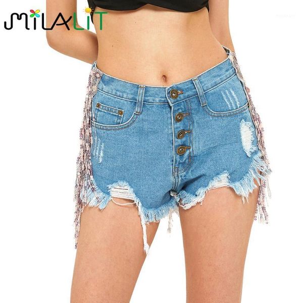 

milalit women girls cool high waist no elasticity jeans shorts red tassel ripped short jean bottoms with buckle blue1, White;black