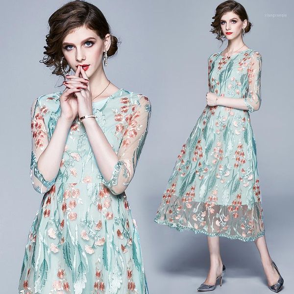 

lady dresses euramerican women's vintage embroidery mesh lace dress high-end slim evening party high quatity dresses vestidos1, White