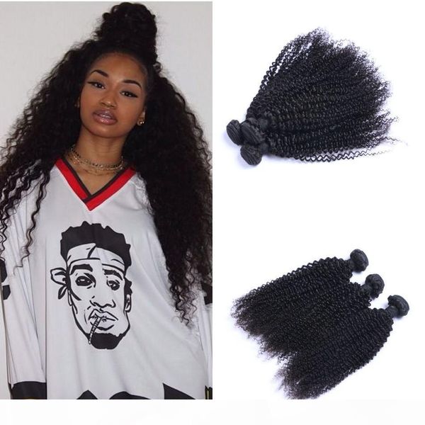 

peruvian virgin hair kinky curly extensions human hair weaving bundles natural color 3pcs double weft for women, Black