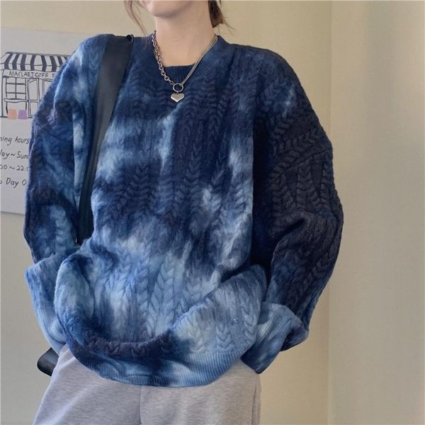 

retro tie-dye loose couple twist sweater, White