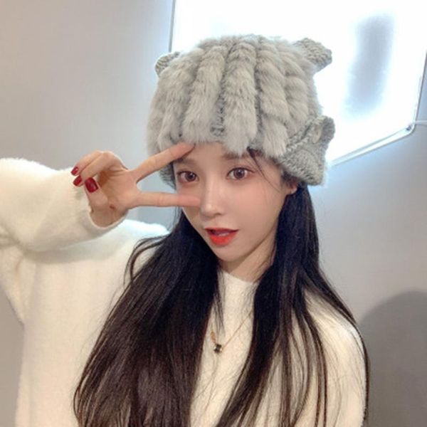 

beanie/skull caps cute cat ears plush knitted hat women autumn and winter fur warm woolen cap baotou, Blue;gray