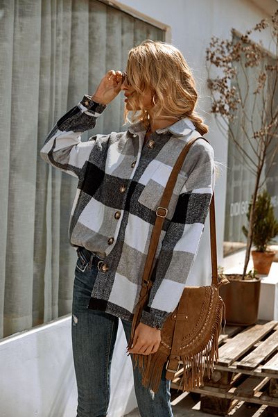 

casual womens button up loose baggy retro plaid wool blend turn down neck shirt vintage girl jackets long sleeeve check shackets 8tp4, Black